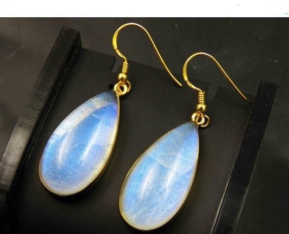 印度代购stone手作华丽镭射闪光彩虹月光石水滴型耳饰定制