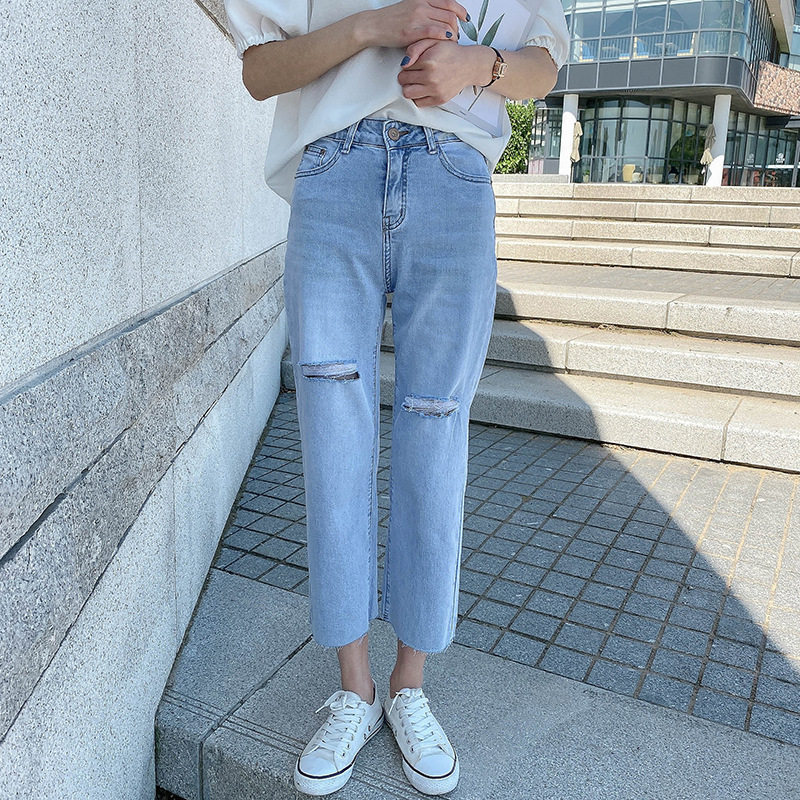 nancy日单微胖女装割破毛边牛仔裤夏季个性宽松牛仔裤