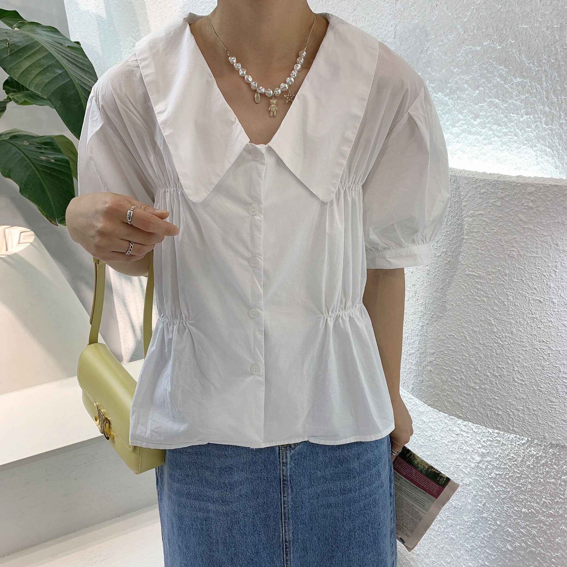 nancy日单微胖女装甜美娃娃泡泡洋气褶皱下摆衬衫