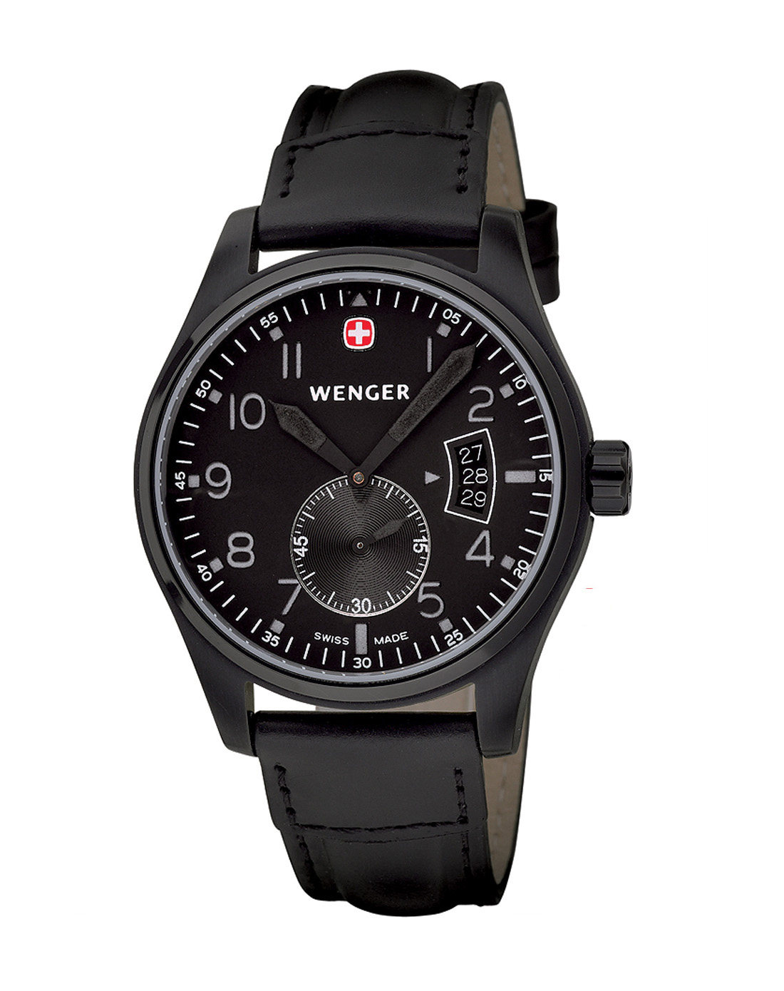 瑞士威戈保修黑色真皮三针日历男士手表石英表瑞士腕表