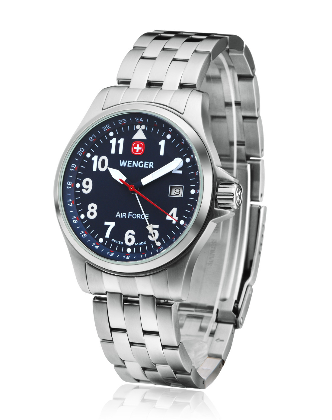 瑞士威戈雪狼湖不锈钢日历夜光蓝色男士瑞士腕表