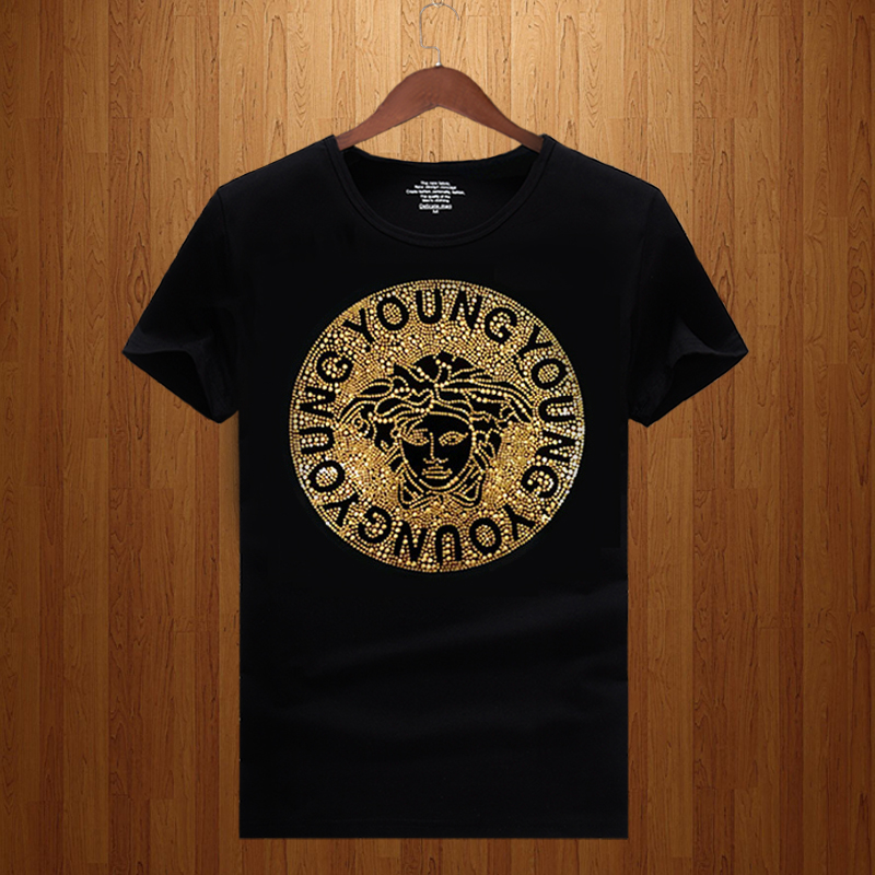 2021夏季莫代尔圆领烫钻短袖t恤男青年半袖精神小伙大码体恤潮牌