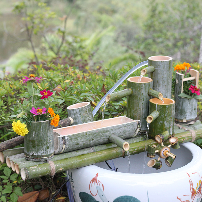 流水自制毛竹筒竹筒摆件竹子鱼缸养鱼池过滤器太阳能喷泉