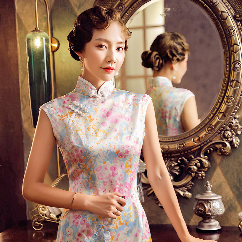 真丝刺绣日常可穿古典江南复古夏季滚边蚕丝宴会改良版旗袍连衣裙