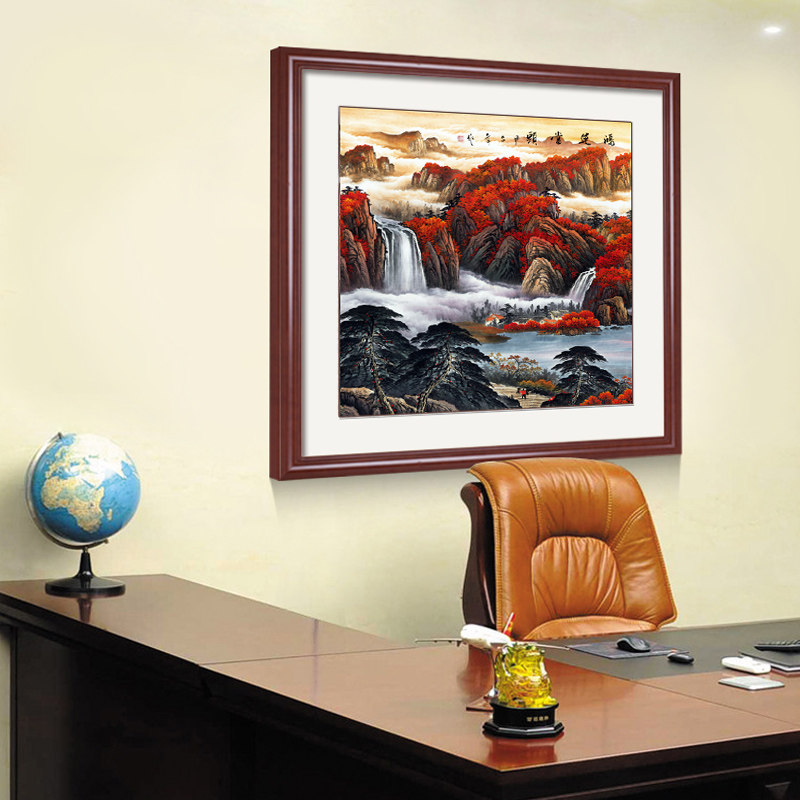 中式招财风水玄关正方形靠山鸿运当头山水字画客厅国画