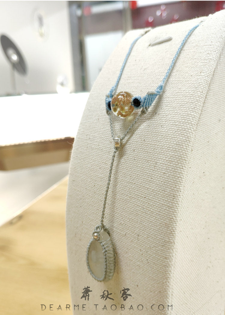 萧秋手工南美蜡绳编织蓝色天然月光石吊坠毛衣项链