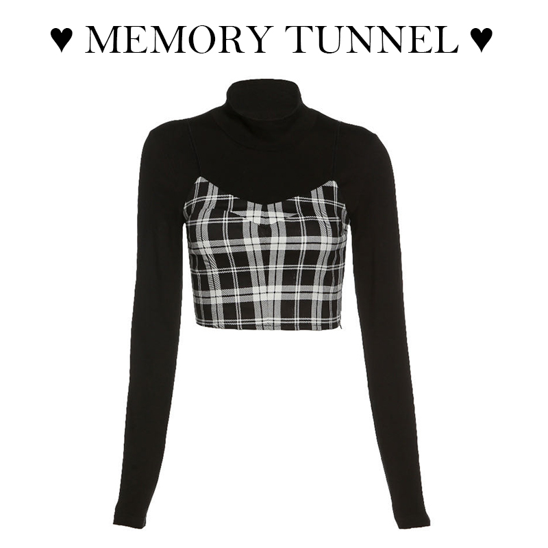 记忆隧道 黑色辣妹长袖修身紧身短款高腰爵士舞韩两件套T恤女上衣