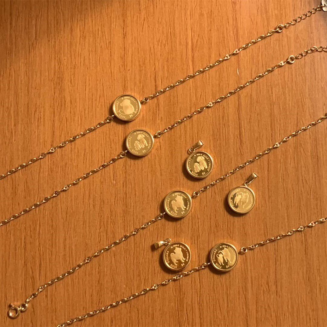 2020泰迪狗纪念币复古手链吊坠金币狗狗泰迪新款颈饰