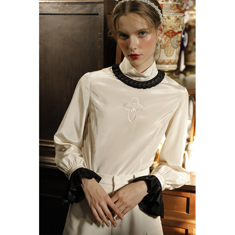 mintcheese独立设计法式myprecious珍珠拼色古典高领衬衫