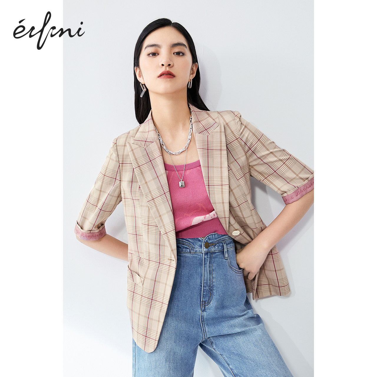 商场同款伊芙丽2021年新款夏装格子显瘦西装外套西装