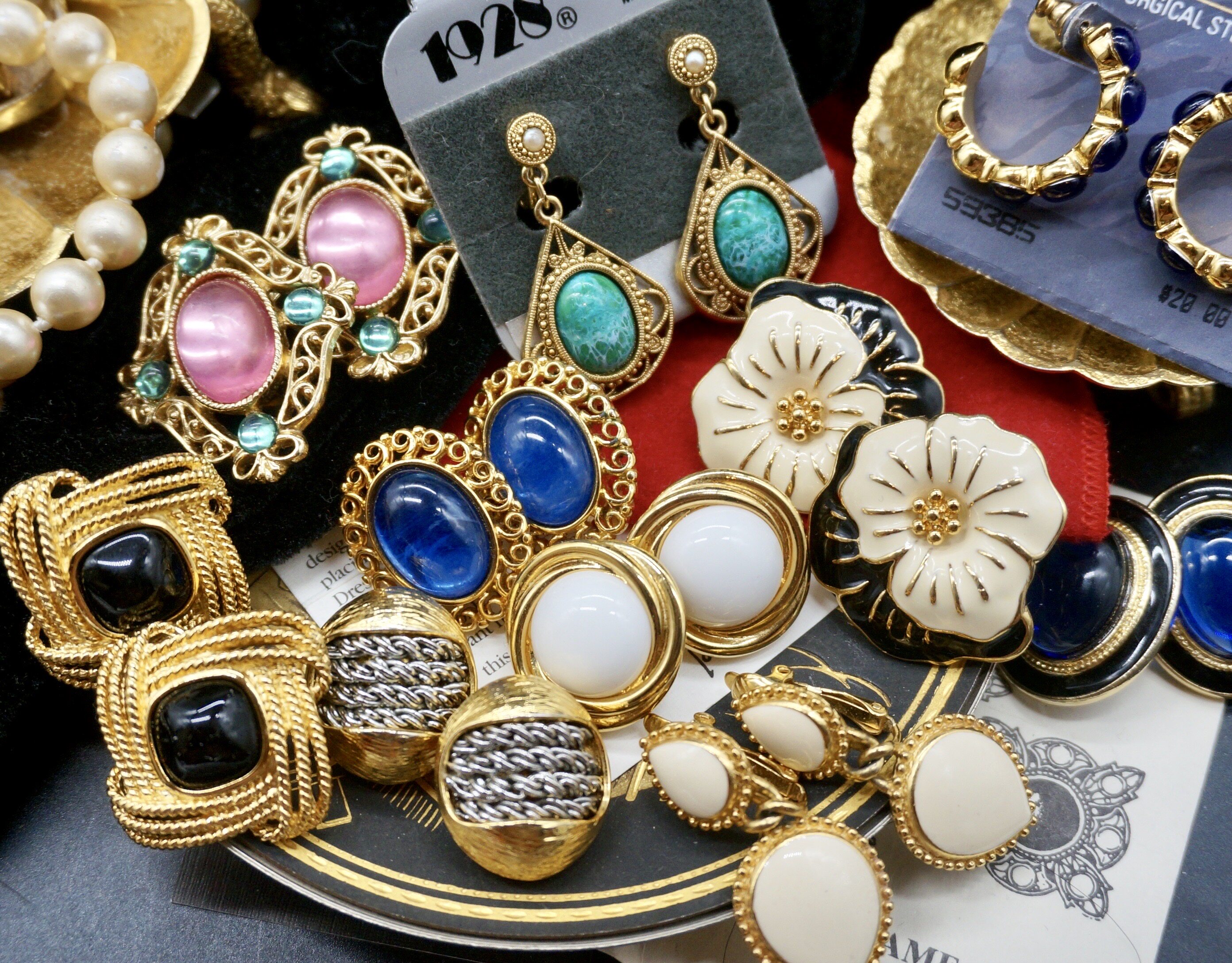 vintage西洋古董首饰复古古着彩宝琉璃耳环钉中耳钉