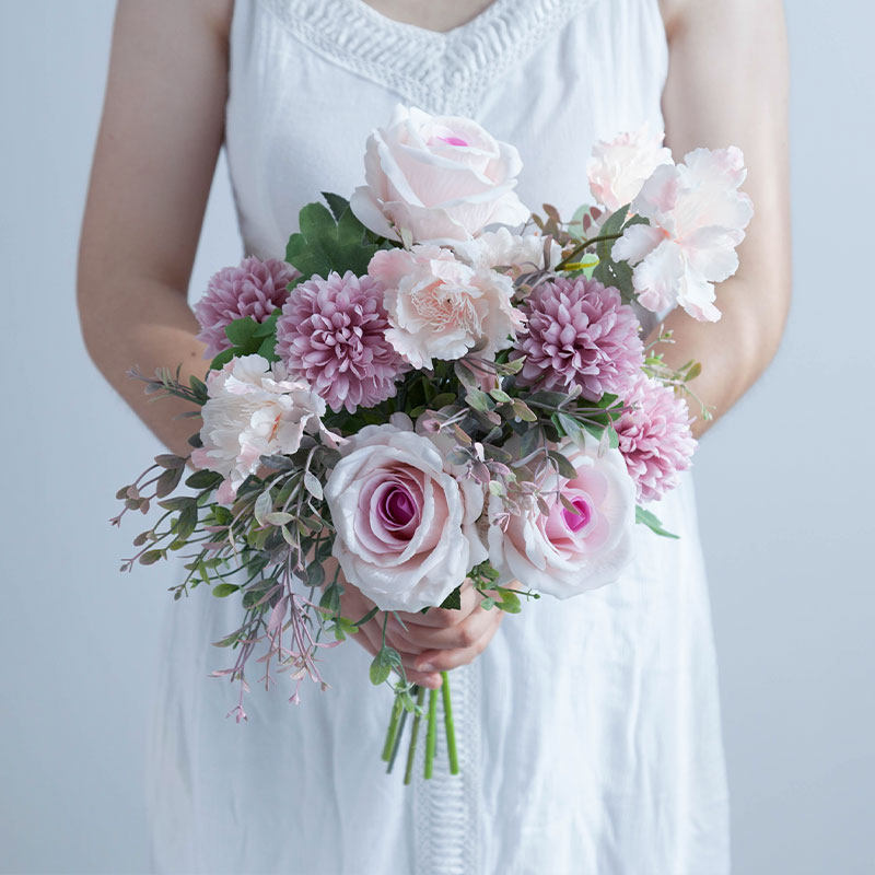 仿真粉红红玫瑰手捧花束假花婚礼花艺瓶卉餐桌仿真花