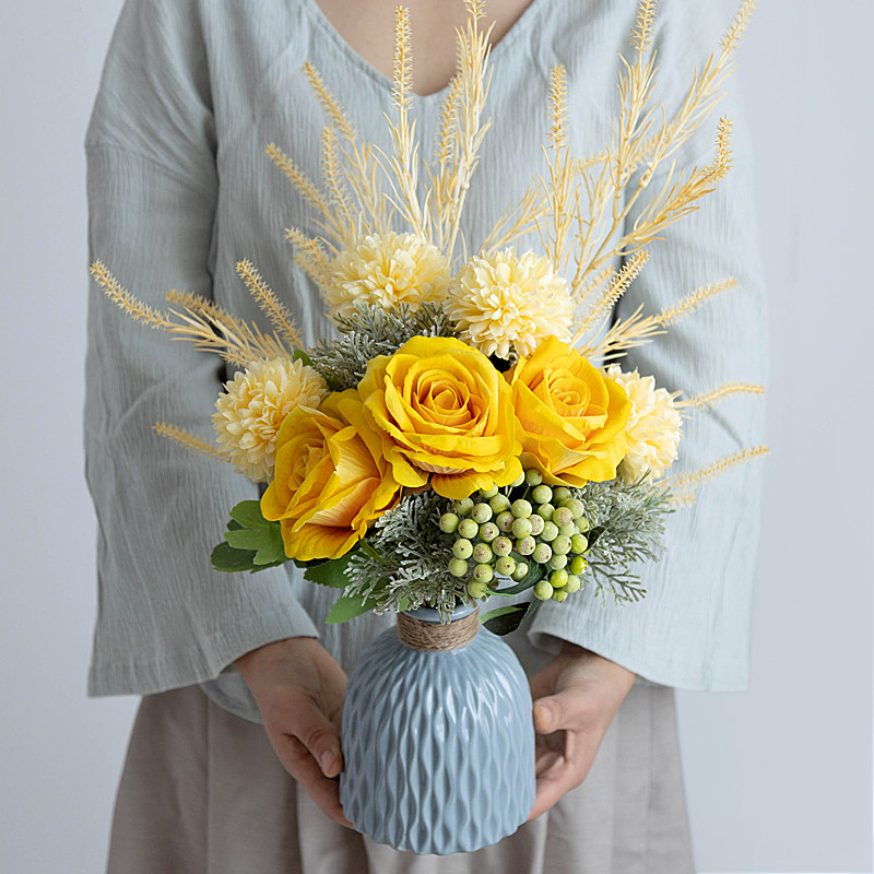 仿真干花黄玫瑰绣球稻穗绢花天然花艺艺束套装仿真花