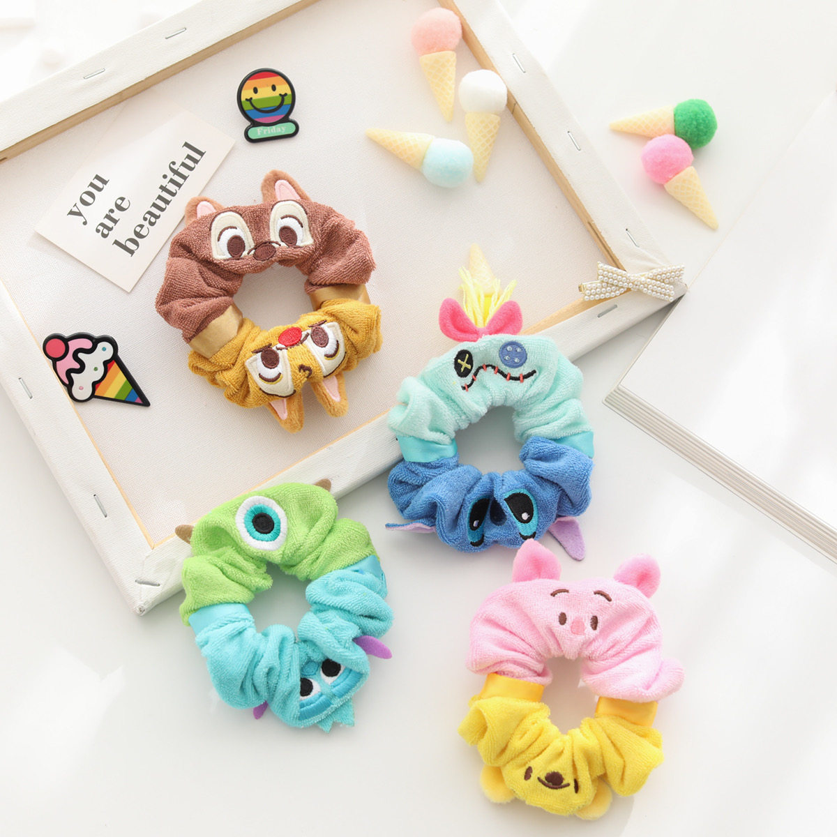 卡通可爱拼色双色松鼠小熊双头发饰手腕装饰发圈