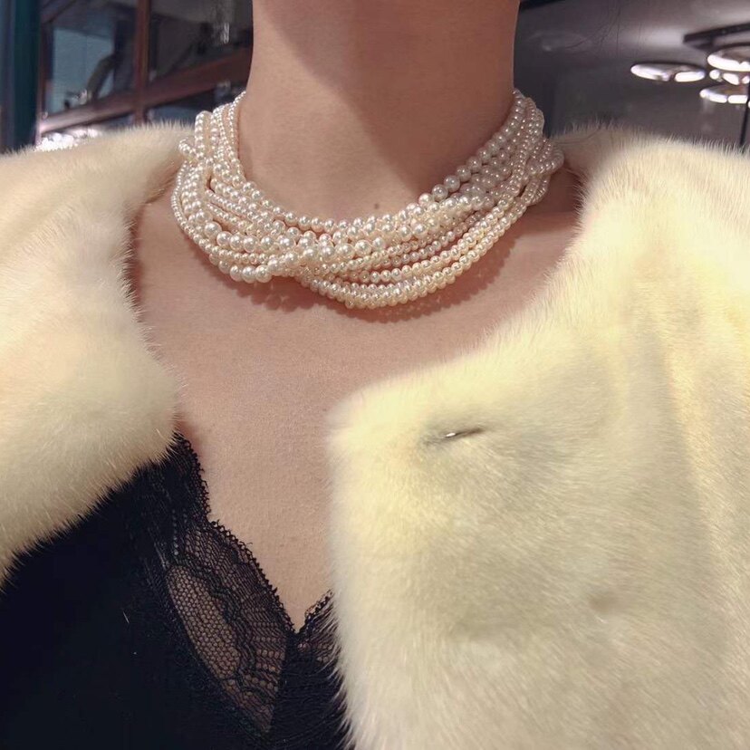 天然强光多层短款珍珠项链复古chocker颈链仙女颈饰