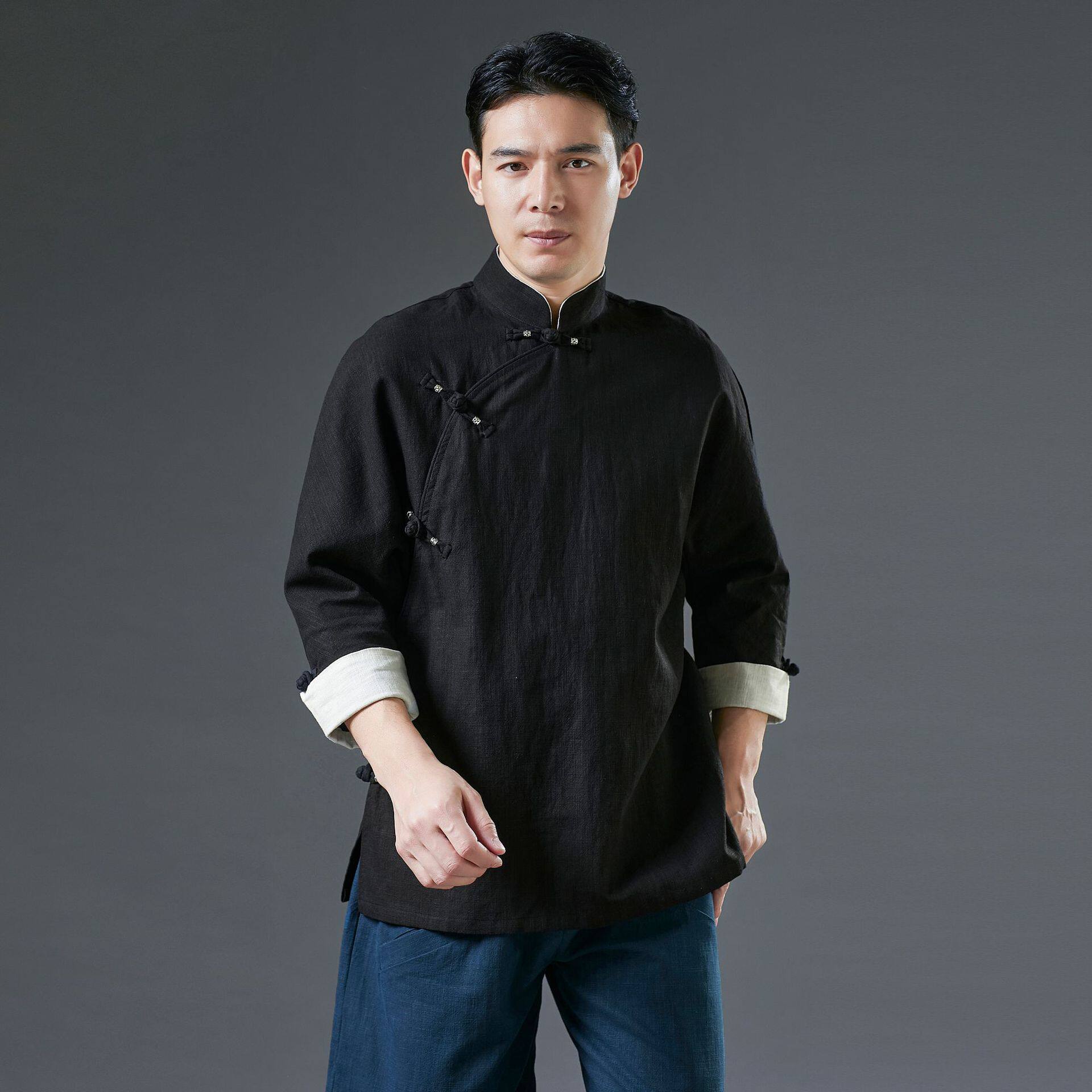 男装新款宽松苎麻唐装上衣中式立领斜襟盘挽袖唐装