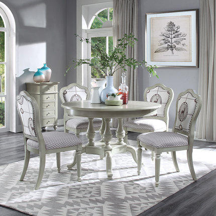 雅居格实木餐桌美式餐桌椅组合小户型家用餐厅伸缩饭桌圆桌m2109b