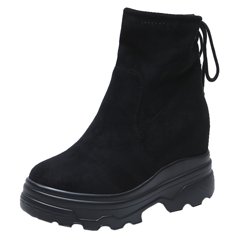 10cm内增高短靴女春秋单靴2019显瘦系带松糕厚底女靴欧洲站马丁靴