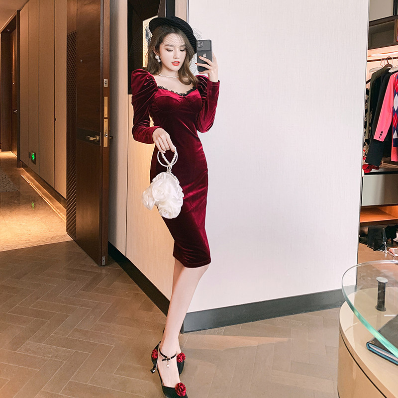 法式复古修身包臀丝绒晚礼服晚宴年会高贵轻奢礼服