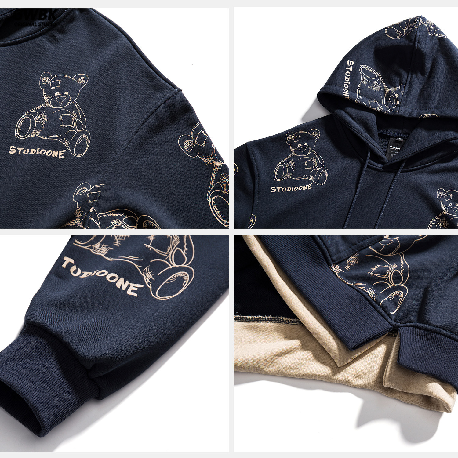 studioone国潮两件卡通熊满印连帽卫男女美式学院中性卫衣