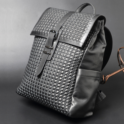 jiabv双肩包男士商务休闲时尚潮流包盖编织真皮背包书包潮牌户外