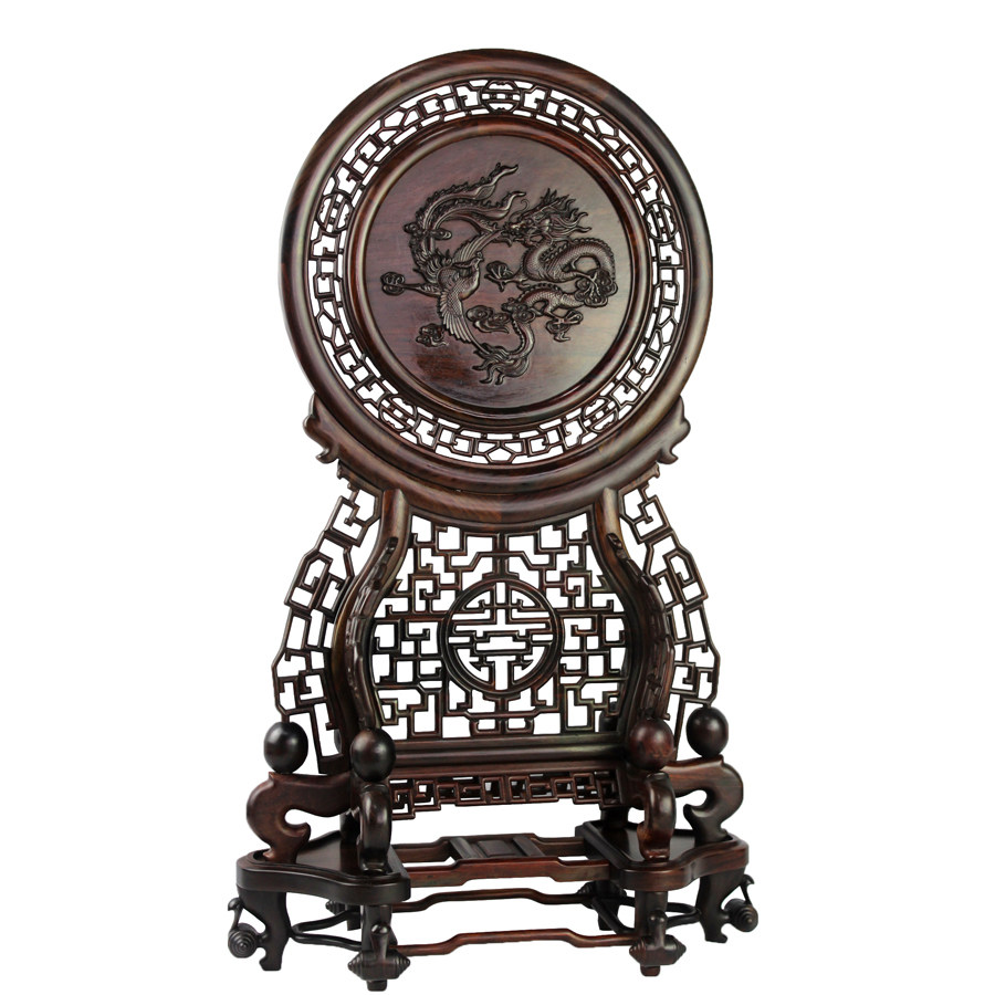 红木大红酸枝木质摆件中堂座屏高档圆形复古木雕