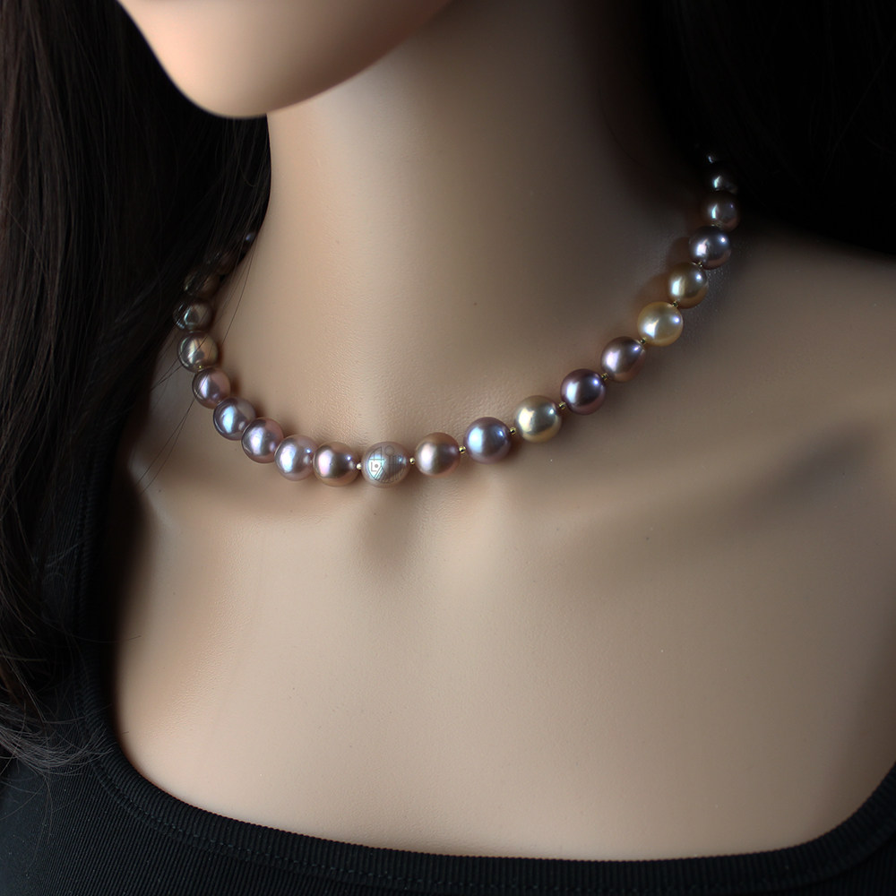 苡珊天然淡水珍珠项链点位强光炫彩糖果色10-12mm颈饰