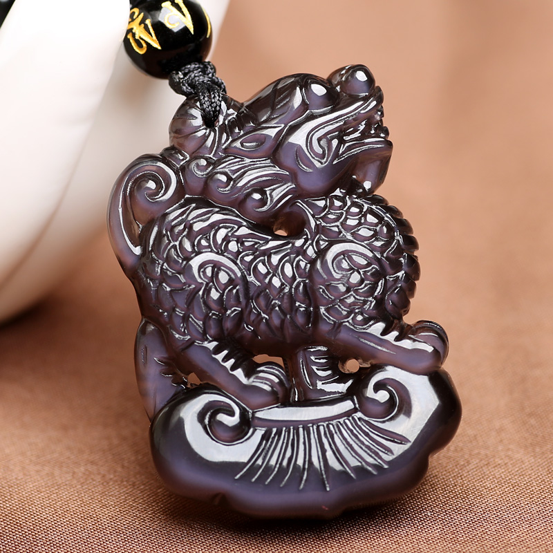 三缘证宝冰种黑曜石麒麟吊坠天然水晶瑞麟献宝项链男士女饰品礼物