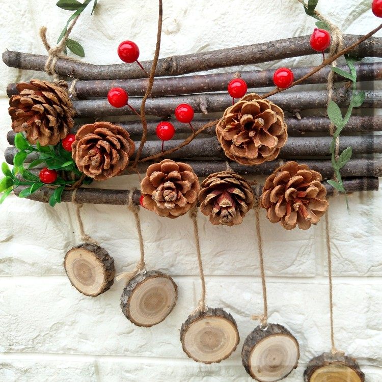 干花松果树枝手工麻绳挂件圣诞节幼儿园装饰红果干花
