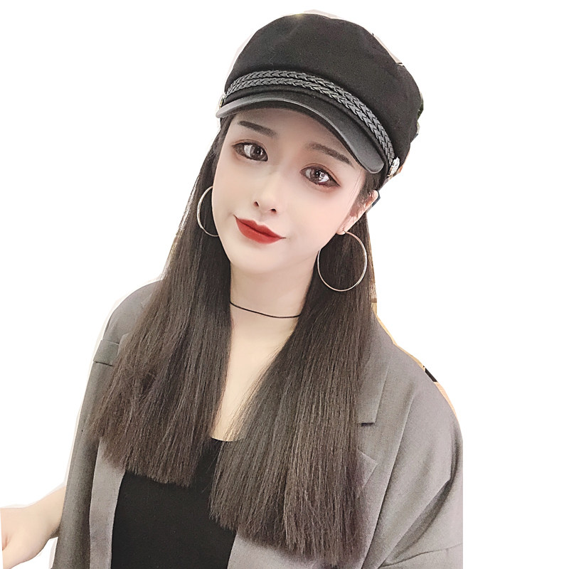 帽子带假发一体女秋冬天款英伦复古中长发自然时尚贝雷帽全头套式