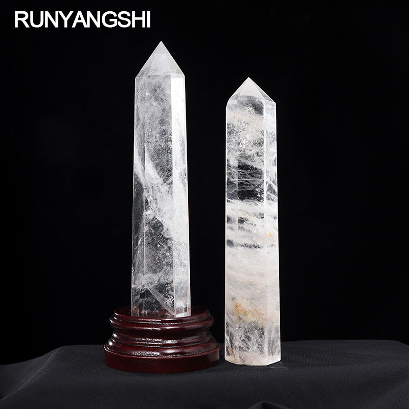 天然矿物客厅家居摆件供奉佛堂单尖柱六棱白水晶摆件