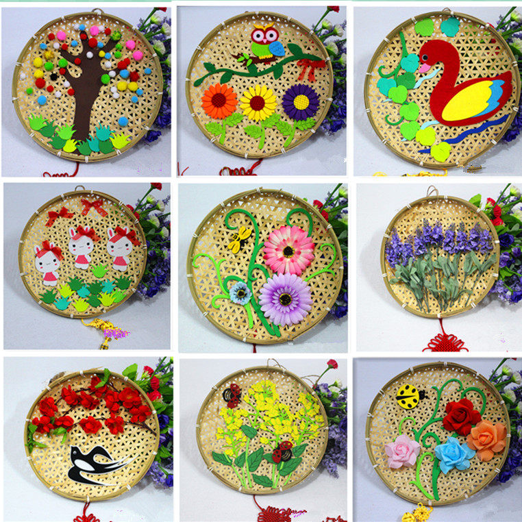 幼儿园区角装饰竹编吊饰簸箕笸箩画画创意作品镂空网挂饰竹盘diy