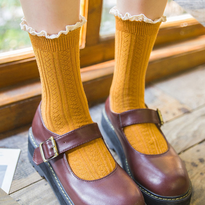 花边女生鞋袜单鞋袜短靴甜美纯色中筒系纯袜日中筒袜