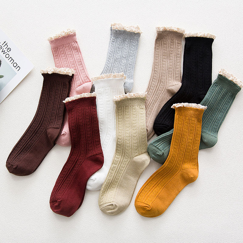 花边女生鞋袜单鞋袜短靴甜美纯色中筒系纯袜日中筒袜