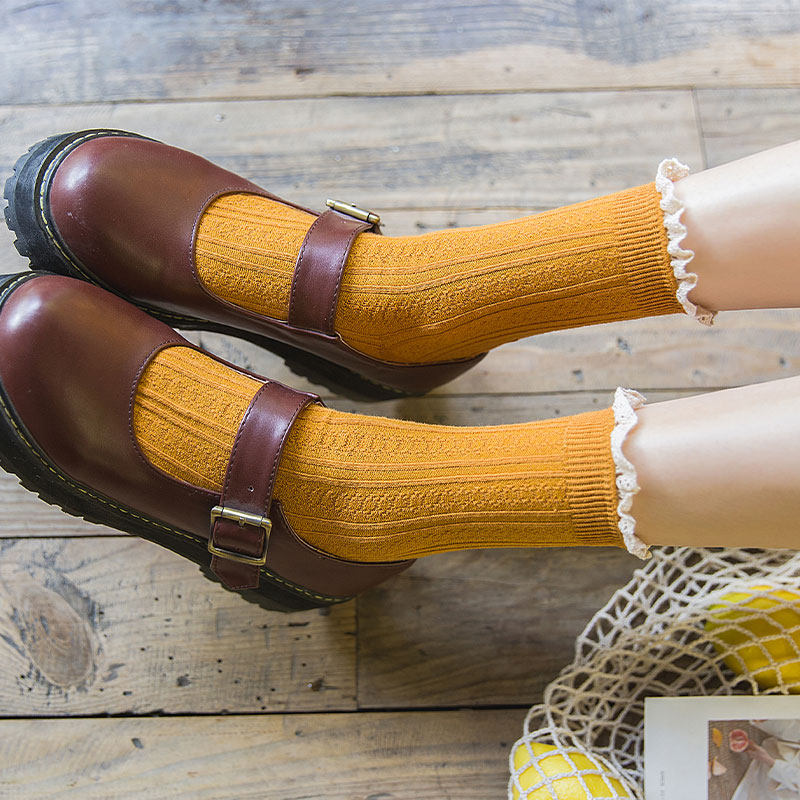 花边女生鞋袜单鞋袜短靴甜美纯色中筒系纯袜日中筒袜