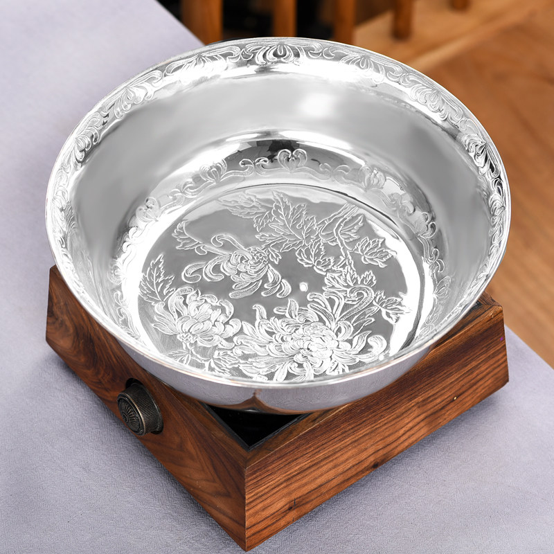 纯银古今足银手工煮茶汤盆保健银盆餐具新婚茶道