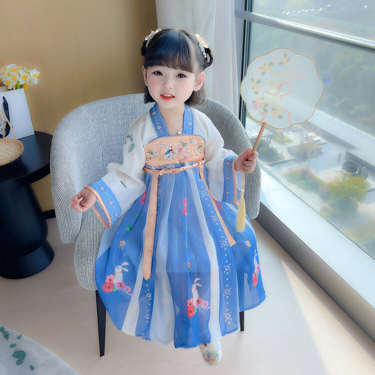 女童汉服襦裙超仙小公主古装连衣裙蓝色小女孩唐装汉服