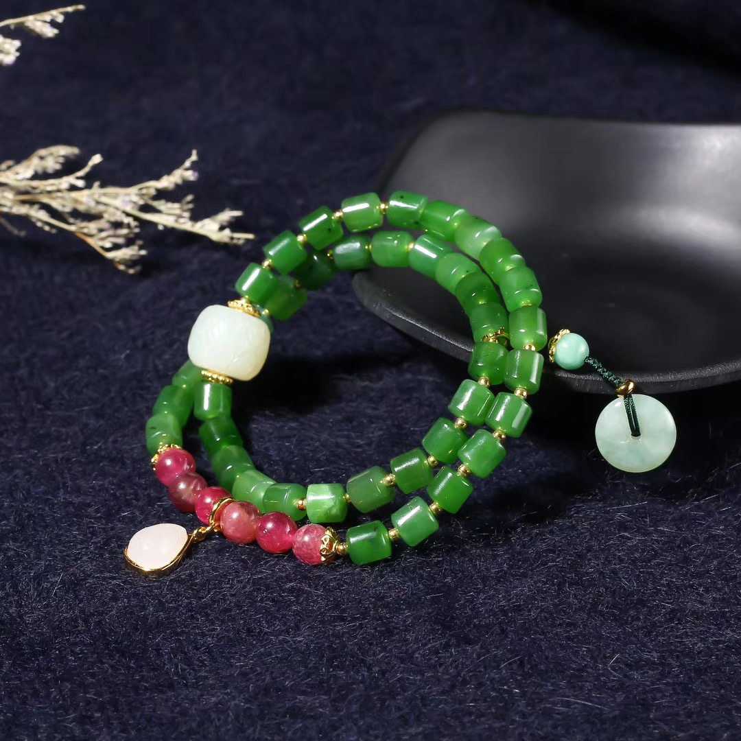 天然俄料碧玉转运珠手链双圈手串新款时尚和田玉碧玺女款纯银百搭