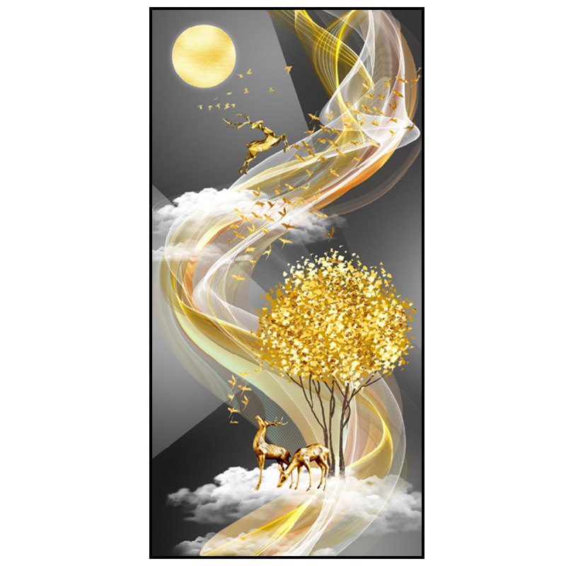 金鹿高升进门玄关装饰画竖版走廊过道轻奢挂画现代装饰画