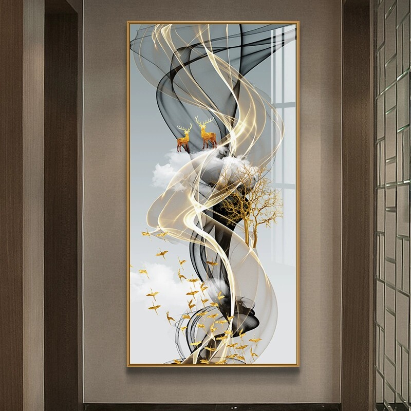金鹿高升进门玄关装饰画竖版走廊过道轻奢挂画现代装饰画