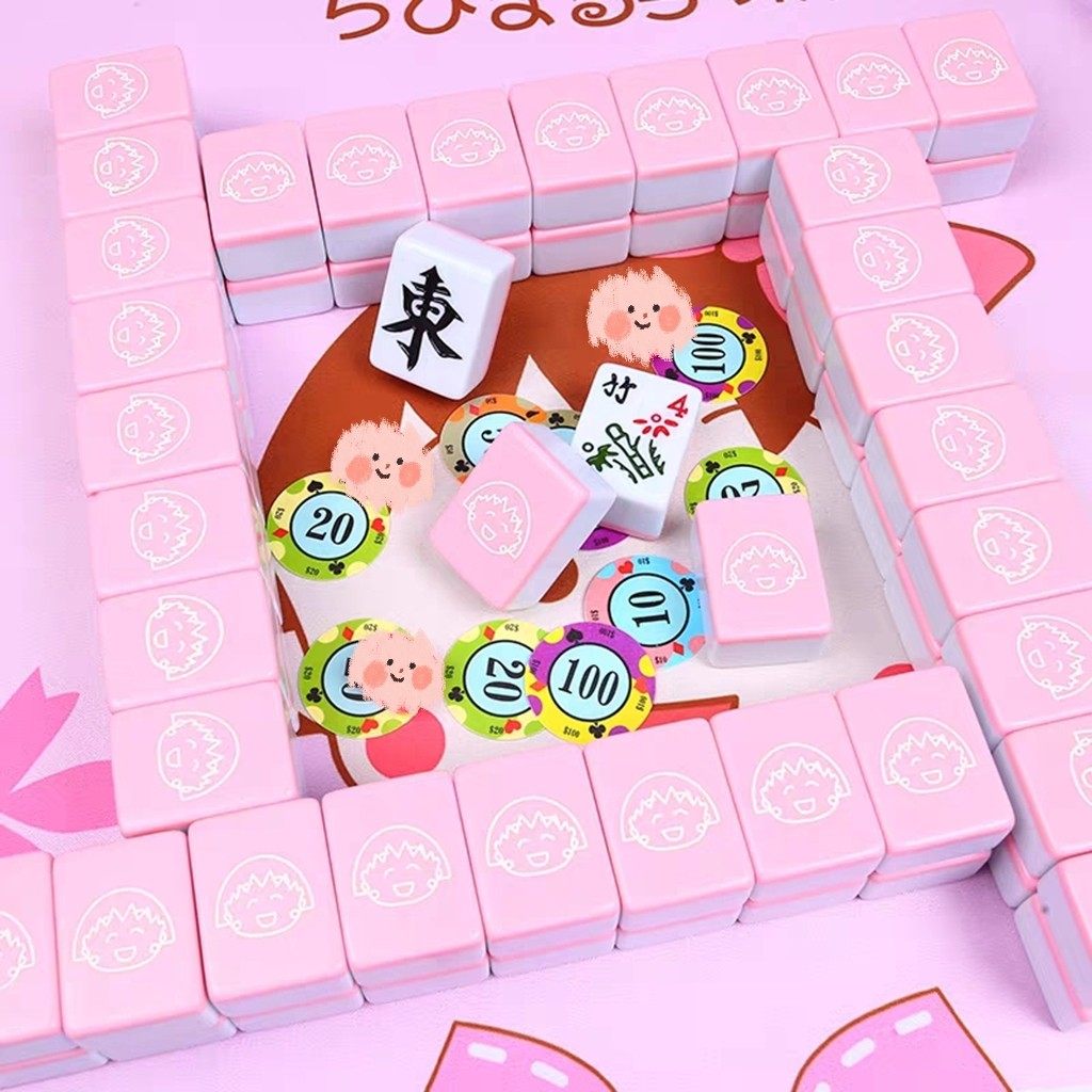 樱桃小丸子手搓麻将牌家用粉色可爱卡通麻将中大号42定制麻将