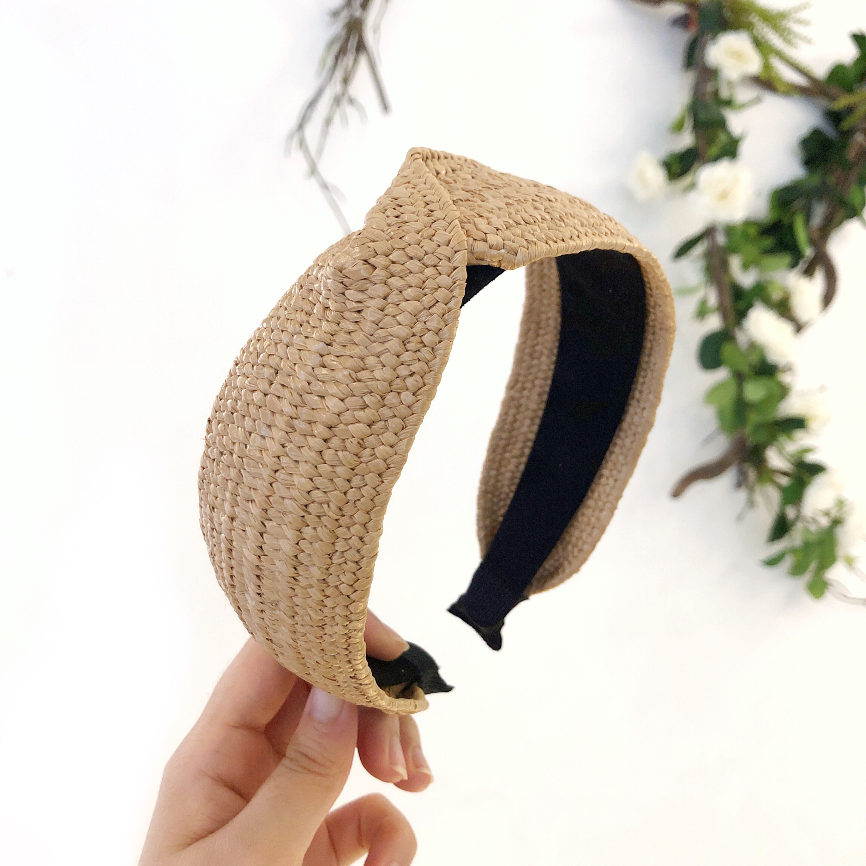 startree韩国甜美拉菲草编织发箍森女交叉复古发带发饰