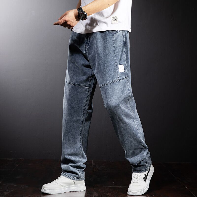 浅色拼接牛仔裤男夏季薄款宽松直筒加肥加大码潮牌胖子显瘦长裤子