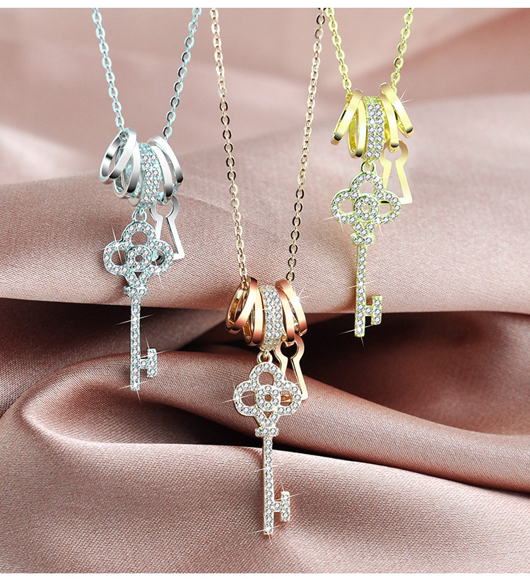 项链s925纯银镀黄金钥匙简约银饰锁骨链送女友项链