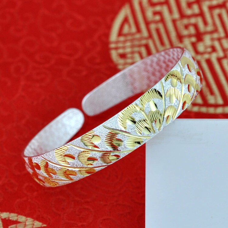 手镯s999银彩纯银彩金孔雀开屏开口女款妈妈礼物手镯