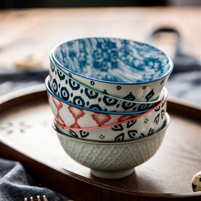 创意个性日式彩色陶瓷印花米饭饭碗家用沙拉碗汤碗碗