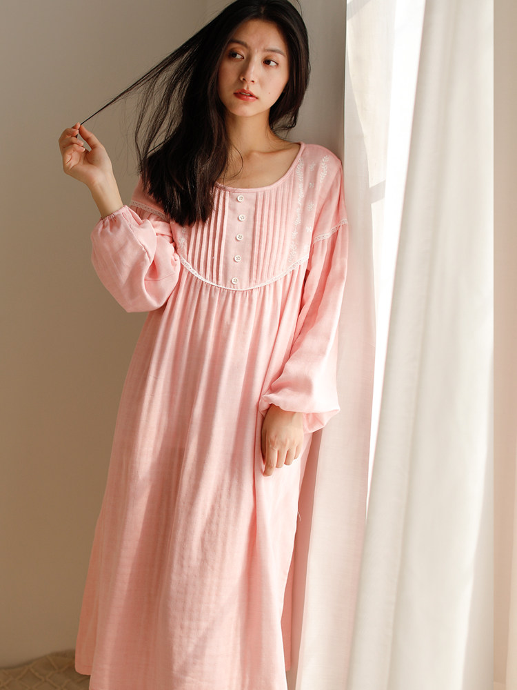 长袖睡裙春秋长款过膝长裙公主纯棉三层纱布睡裙