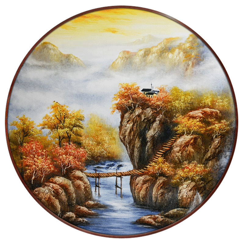 新中式风水手绘招财挂画客厅靠山定制山水画圆形油画