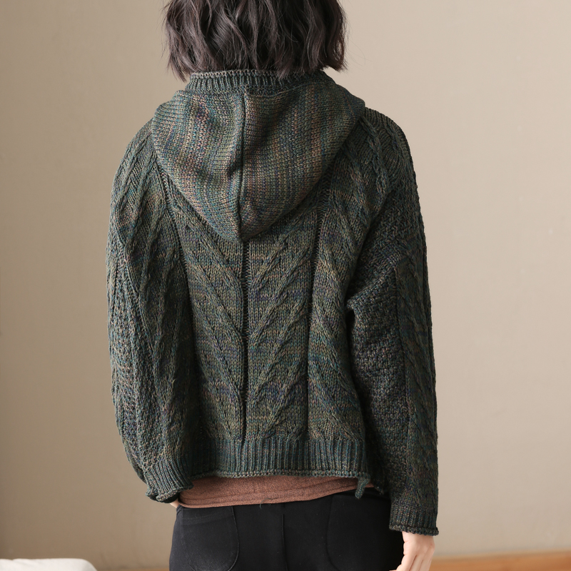 针织纯棉不起球连帽混色编织2021早春开衫外套毛针织衫