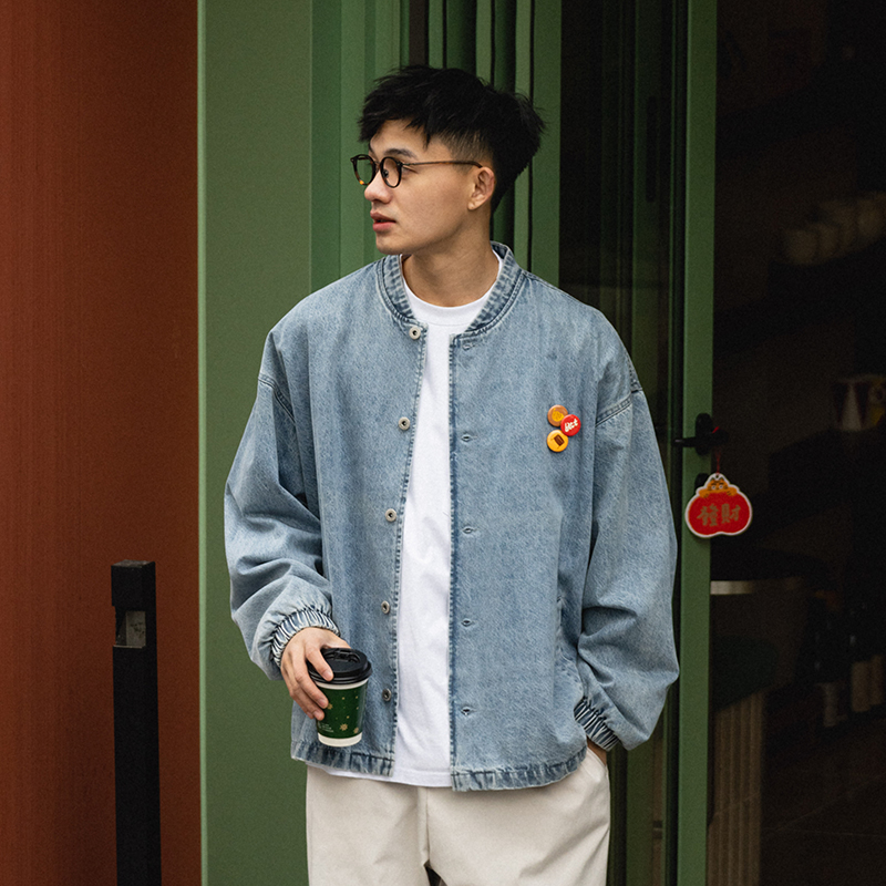BDCT 22SS 徽章棒球领牛仔夹克外套男 宽松纯色休闲水洗牛仔上衣